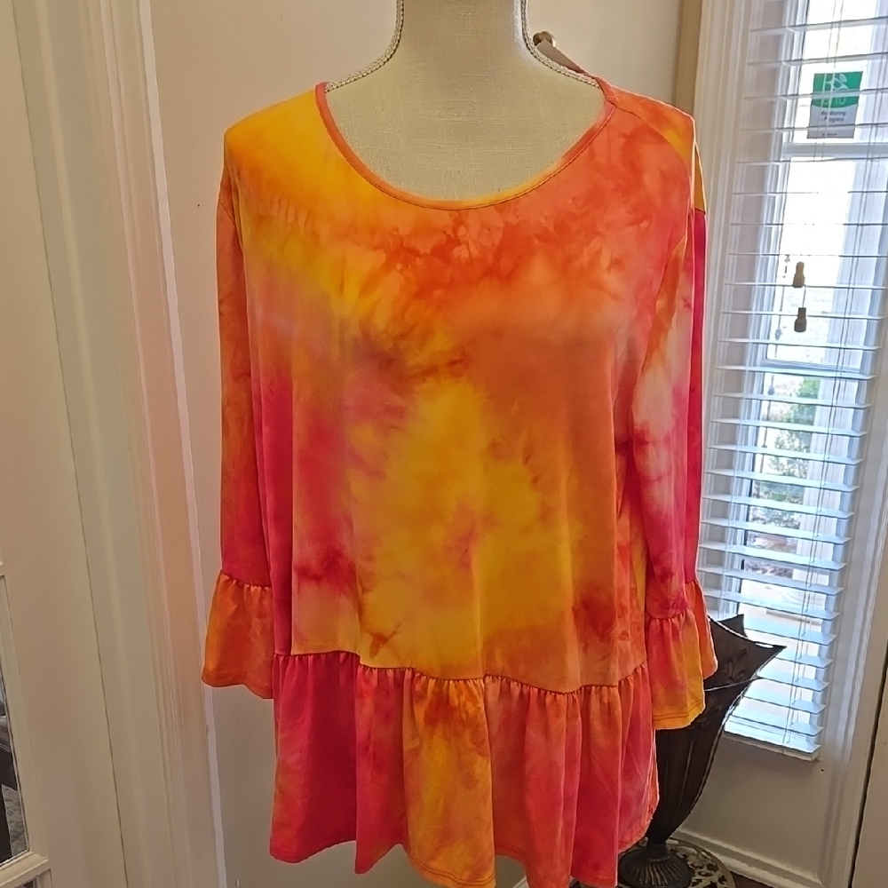 Cream n Sugar hot pink coral yellow 3/4 Sleeve Ruffle top stretch size XL NEW…